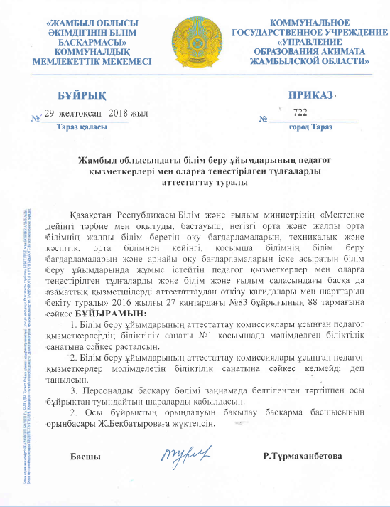 Білім беру ұйымдарының аттестаттау комиссиялары ұсынған педагог қызметкерлердің  біліктілік санаттарын беру туралы