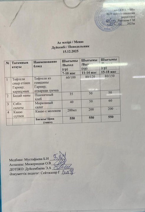 Күнделікті ас мәзірі